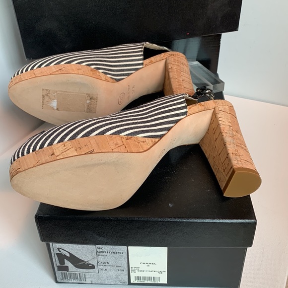 CHANEL Shoes Black White Striped Platform Cork Canvas Patent Slingback CC Heels - Picture 8 of 16
